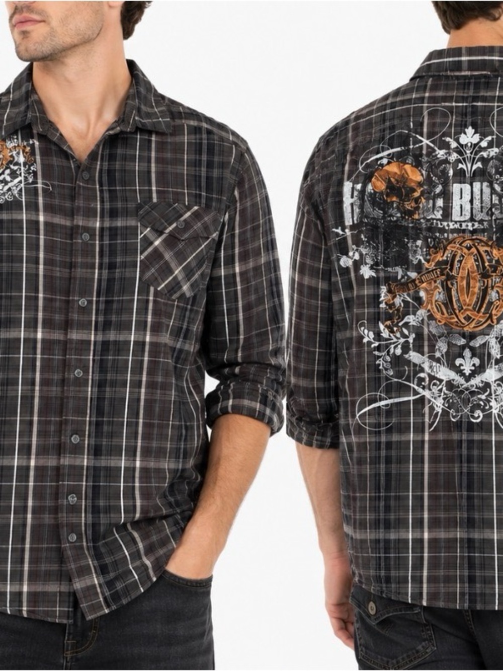 MMA Elite Men's Black Plaid Graphic Button-Up Shirt Jacket graphic print SZ XL